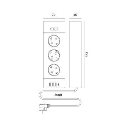 Regleta de enchufes con interruptor LINEA PRO 3x230V + 3xUSB-A + 1xUSB-C SCHUKO 3 m negra