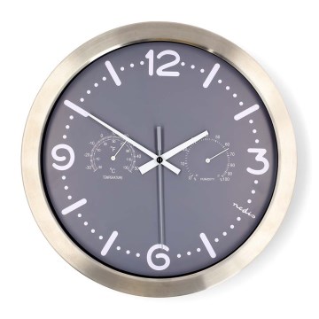 Reloj de pared con termómetro e higrómetro, Ø 30,5 cm, 1xAA, acero inoxidable/gris