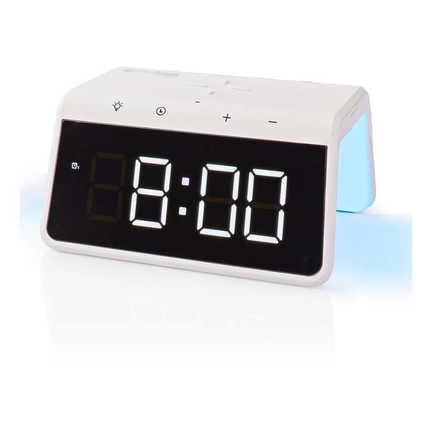 Reloj despertador con pantalla LCD y cargador inalámbrico 15W/5V 1xCR2032 blanco