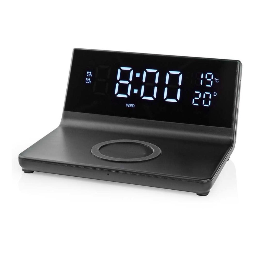 Reloj despertador con pantalla LCD y inalámbrico con cargador 15W/5V + 1xCR2032 negro