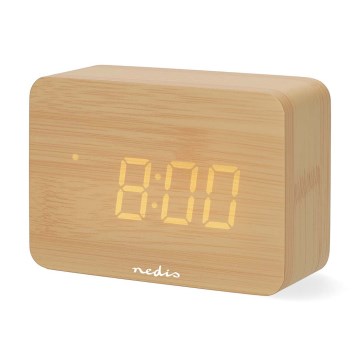 Reloj despertador digital con pantalla LED y termómetro, 5V/3xAAA, de madera