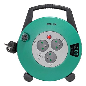 Retlux - Cable de extensión en tambor, 3 tomas, Tipo E, 10 m, verde/negro