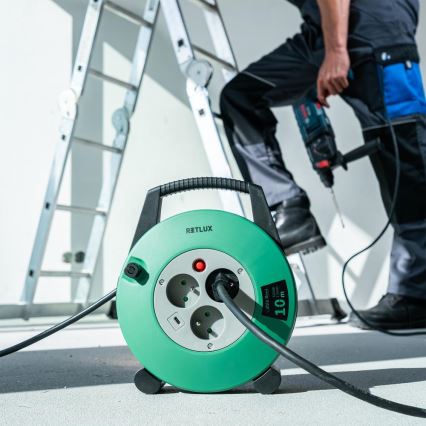 Retlux - Cable de extensión en tambor, 3 tomas, Tipo E, 10 m, verde/negro