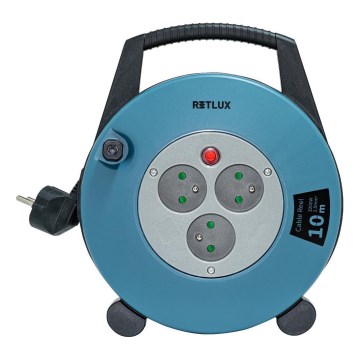 Retlux - Enrollador de cable de extensión, 3 tomas, Tipo E, 10 m, azul/negro