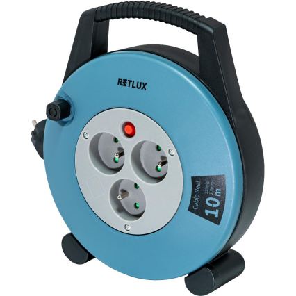 Retlux - Enrollador de cable de extensión, 3 tomas, Tipo E, 10 m, azul/negro