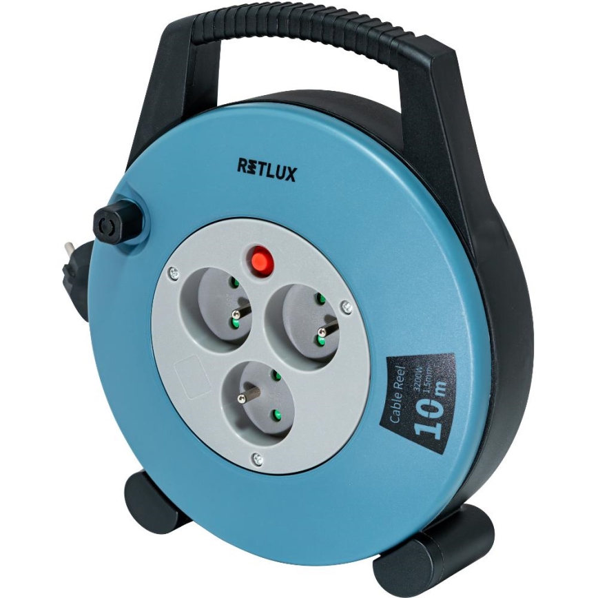 Retlux - Enrollador de cable de extensión, 3 tomas, Tipo E, 10 m, azul/negro