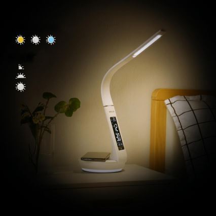 Lámpara de mesa LED regulable con carga inalámbrica Qi 5W y pantalla LED/6W/230V/1xCR2032 3000/4000/6000K blanco