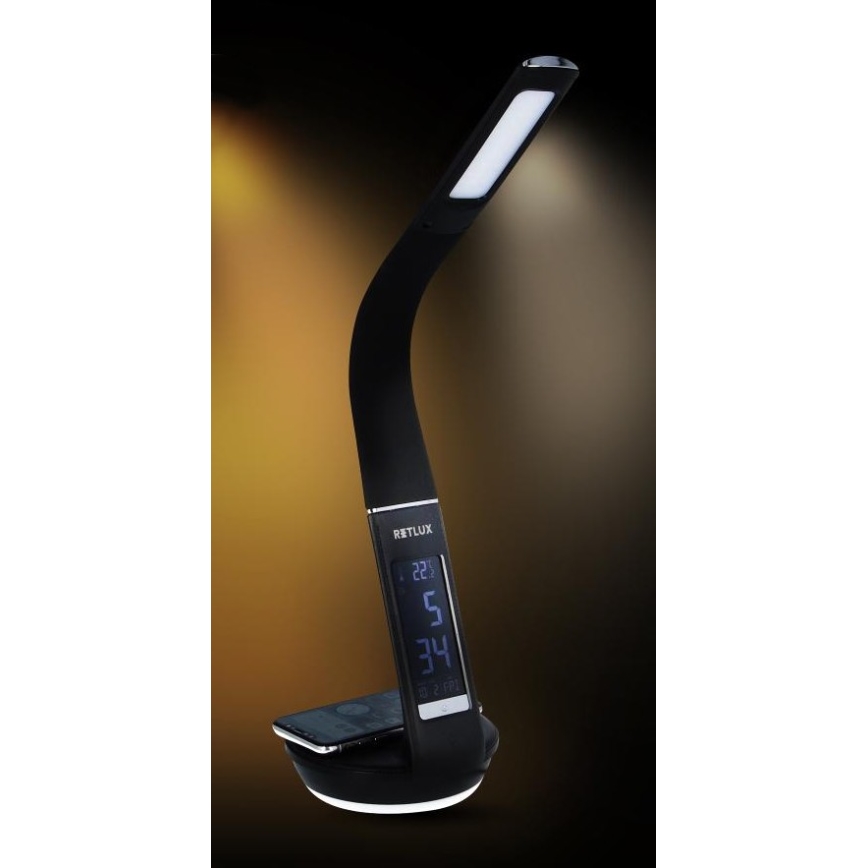 Lámpara de mesa LED regulable con carga inalámbrica Qi 5W y pantalla LED/6W/230V/1xCR2032 3000/4000/6000K negro