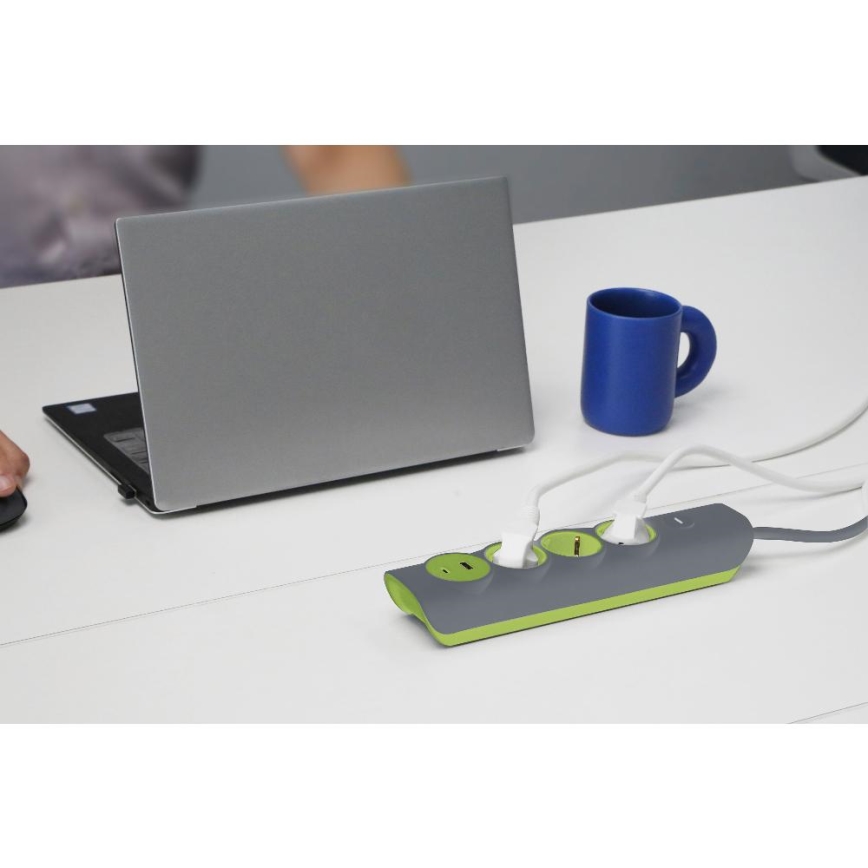 Retlux - Regleta con interruptor 3x enchufes Tipo E + 1x USB-A + 1x USB-C 1,4 m gris