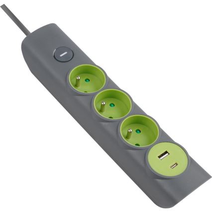 Retlux - Regleta con interruptor 3x enchufes Tipo E + 1x USB-A + 1x USB-C 1,4 m gris