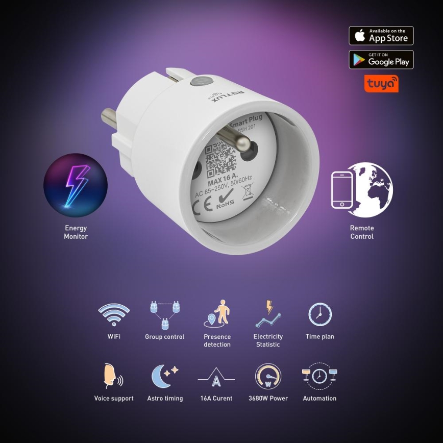 Toma inteligente 3680W/230V/Tipo E/16A Wi-Fi Tuya