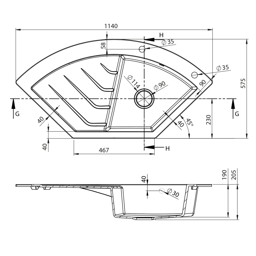 Sapho - Fregadero de cocina en esquina 114 x 57,5 cm, granito/negro