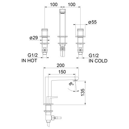 Sapho - Grifo de lavabo de 3 agujeros TURSI negro mate