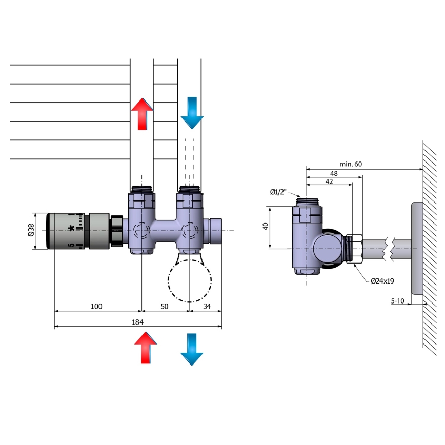 Sapho - Kit termostático de conexión para instalación central TWIN COMBI izquierdo / acero inoxidable mate