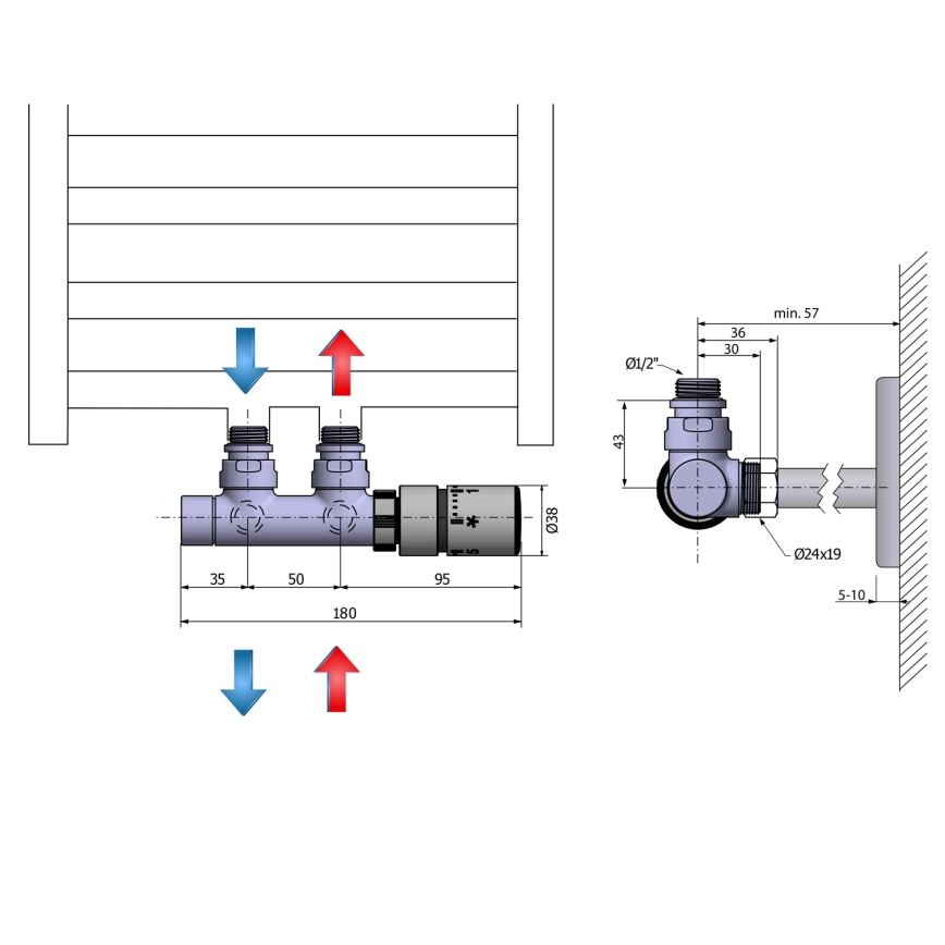 Sapho - Kit termostático de conexión para instalación central TWIN derecha/cromo brillante