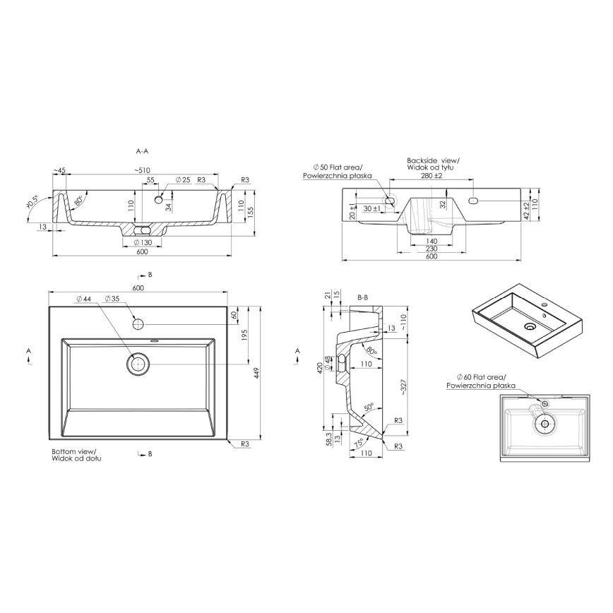 Sapho - Lavabo para encimera ORINOKO 60x45 cm mármol/blanco