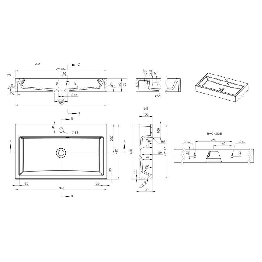 Sapho - Lavabo sobre encimera ORINOKO 70x42 cm mármol/blanco