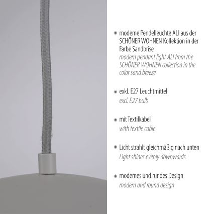 Schöner Wohnen 11728-39 - Lámpara colgante con cable ALI 1xE27/25W/230V Ø 38 cm gris