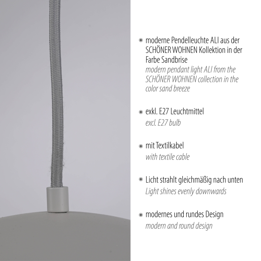 Schöner Wohnen 11728-39 - Lámpara colgante con cable ALI 1xE27/25W/230V Ø 38 cm gris