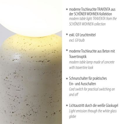 Schöner Wohnen 12543-42 - Lámpara de mesa TRAVENTA 1xG9/10W/230V hormigón