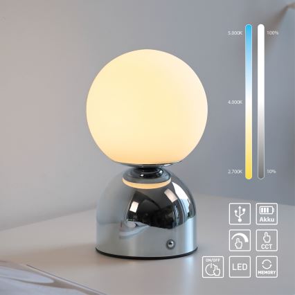 Schöner Wohnen 19218-17 - Lámpara de mesa LED RUDI recargable, táctil y regulable LED/1,2W/5V 3000-6000K 1200 mAh cromo brillante