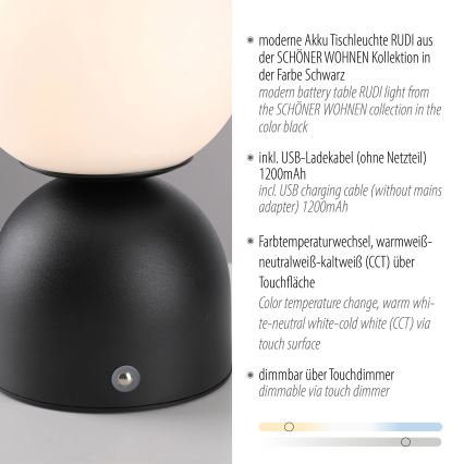 Schöner Wohnen 19218-18 - Lámpara de sobremesa recargable táctil y regulable RUDI LED/1,2W/5V 3000-6000K 1200 mAh negra