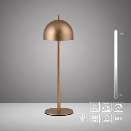 Schöner Wohnen 19244-12 - Lámpara de mesa LED exterior recargable con control táctil y regulable BELLIS LED/2,5W/5V 2600 mAh IP54 dorada