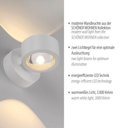 Schöner Wohnen 19331-16 - Aplique de pared LED CHIA 2xLED/2W/230V blanco