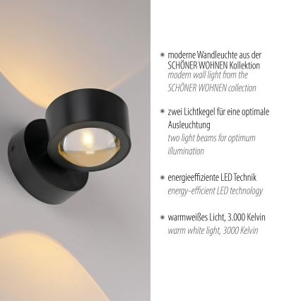 Schöner Wohnen 19331-18 - Aplique de pared LED CHIA 2xLED/2W/230V negro