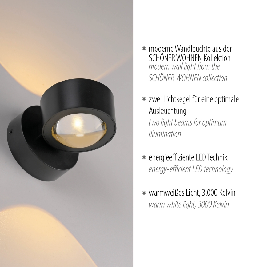 Schöner Wohnen 19331-18 - Aplique de pared LED CHIA 2xLED/2W/230V negro