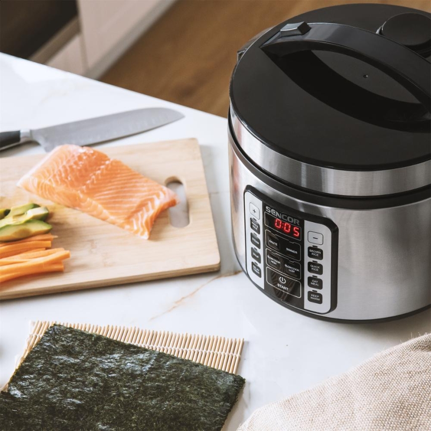 Sencor - Arrocera multifunción 700 W/230 V 1,5 l acero inoxidable/negro