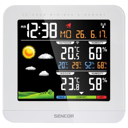 Sencor - Estación meteorológica con pantalla LCD a color y despertador 3xAAA + 2xAAA blanca