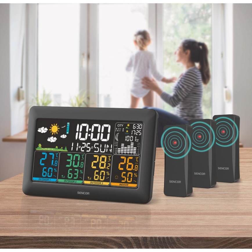 Sencor - Estación meteorológica con pantalla LCD a color + 3 sensores 3xAA + 6xAA negra