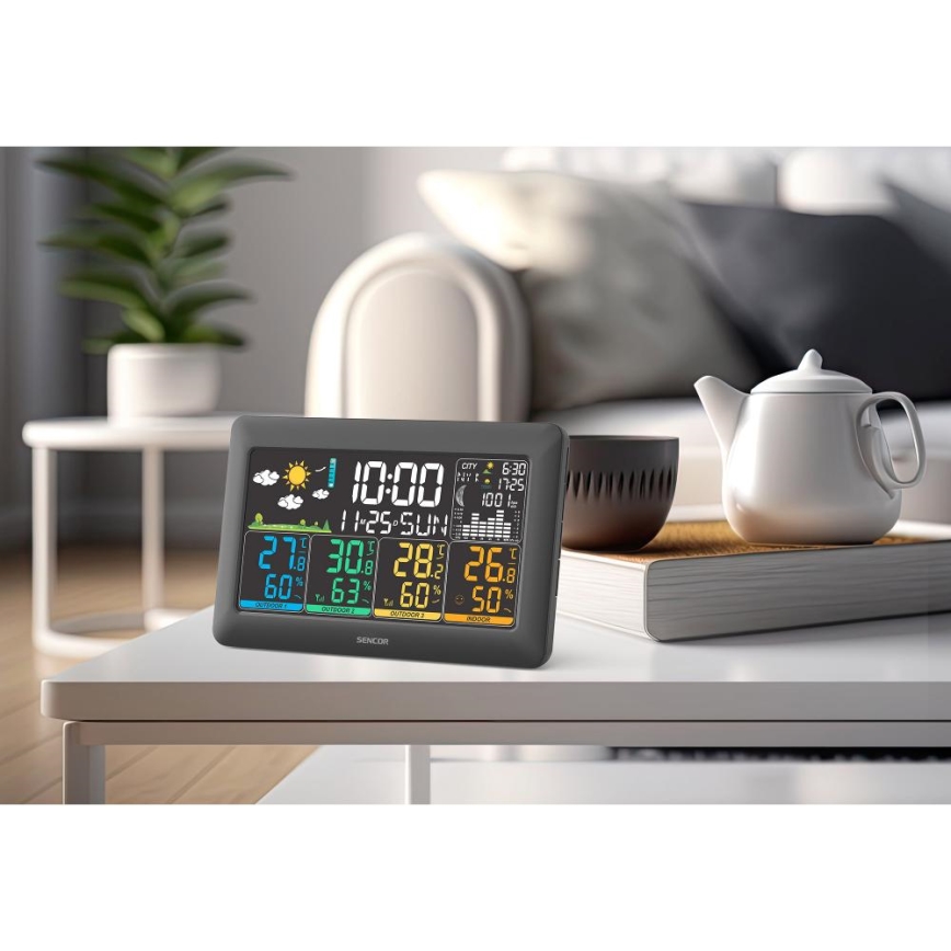 Sencor - Estación meteorológica con pantalla LCD a color + 3 sensores 3xAA + 6xAA negra