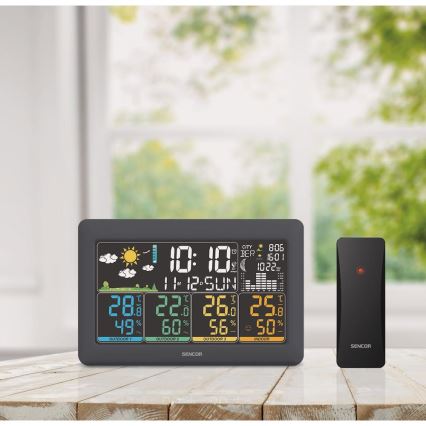 Sencor - Estación meteorológica con pantalla LCD a color + 3 sensores 3xAA + 6xAA negra
