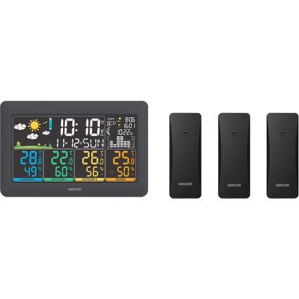 Sencor - Estación meteorológica con pantalla LCD a color + 3 sensores 3xAA + 6xAA negra