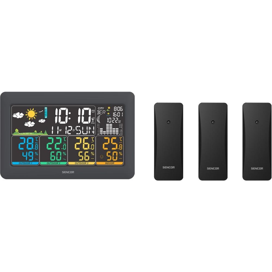 Sencor - Estación meteorológica con pantalla LCD a color + 3 sensores 3xAA + 6xAA negra