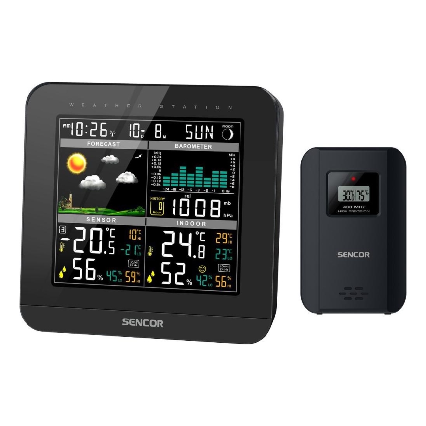Sencor - Estacion meteorologica Con pantalla LCD a color y despertador 3xAAA + 2x AA negro