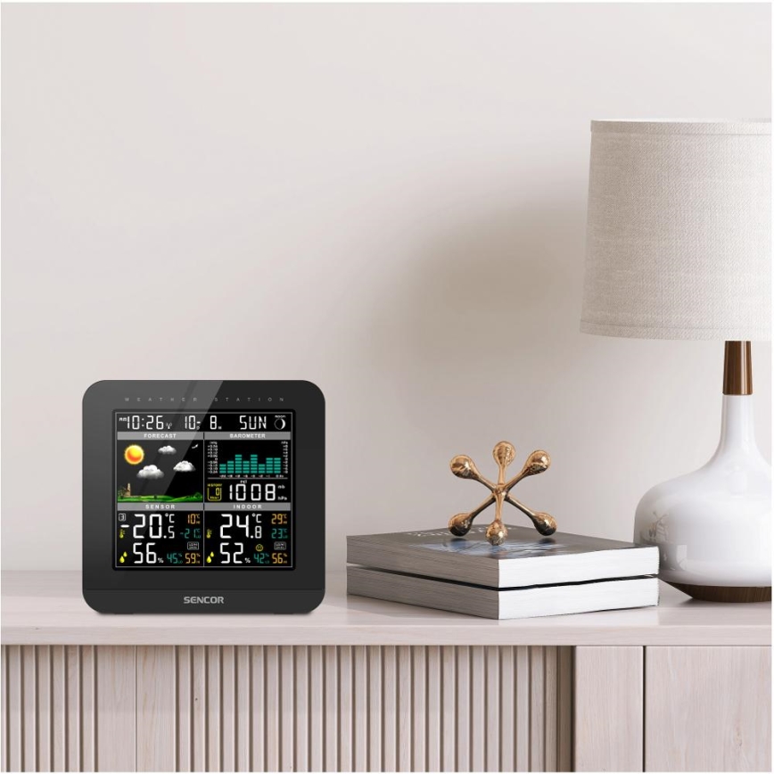 Sencor - Estacion meteorologica Con pantalla LCD a color y despertador 3xAAA + 2x AA negro