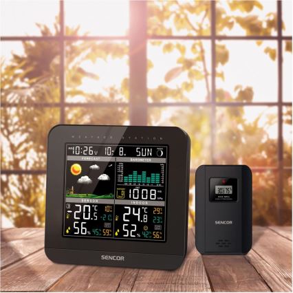 Sencor - Estacion meteorologica Con pantalla LCD a color y despertador 3xAAA + 2x AA negro