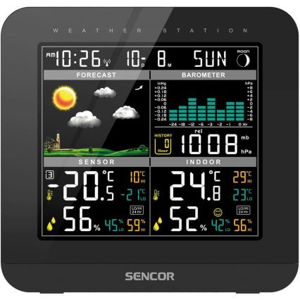 Sencor - Estacion meteorologica Con pantalla LCD a color y despertador 3xAAA + 2x AA negro