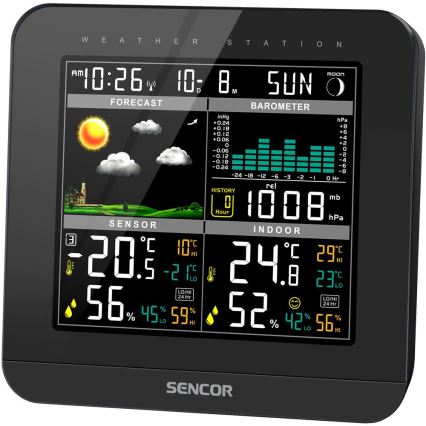 Sencor - Estacion meteorologica Con pantalla LCD a color y despertador 3xAAA + 2x AA negro
