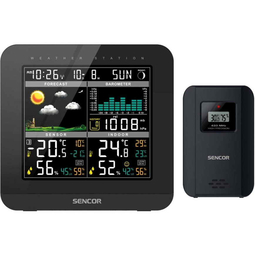 Sencor - Estacion meteorologica Con pantalla LCD a color y despertador 3xAAA + 2x AA negro