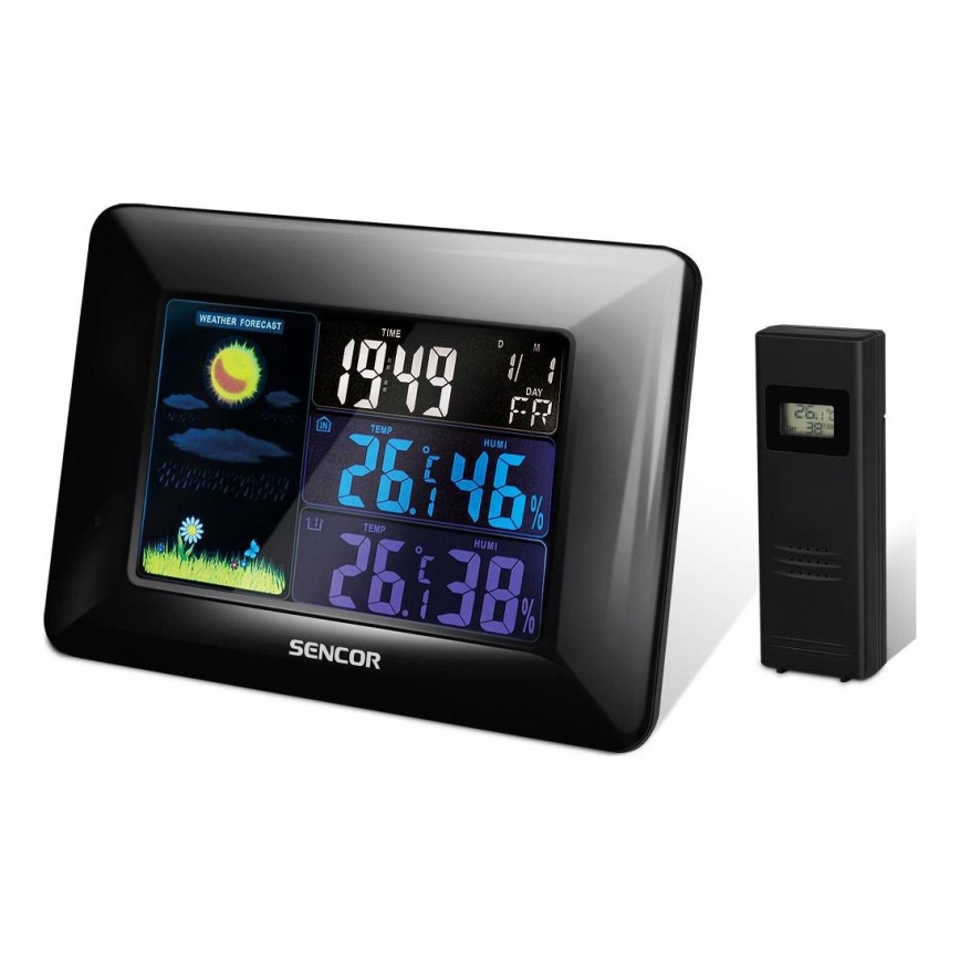 Sencor - Estacion meteorologica Con pantalla LCD a color y despertador 3xAAA + 2xAA negro