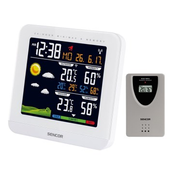 Sencor - Estación meteorológica con pantalla LCD a color y despertador 3xAAA + 2xAAA blanca