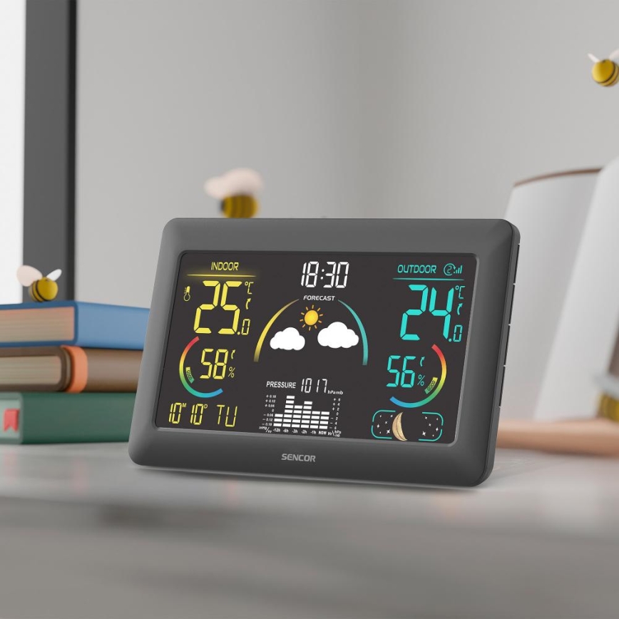 Sencor - Estacion meteorologica Con pantalla LCD a color y despertador 5V 3xAA + 2xAA