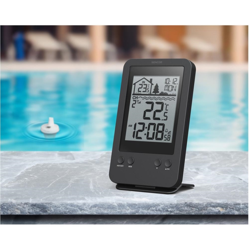 Sencor - Estación meteorológica con sensor flotante inalámbrico para piscina 2xAA + 2xAA IPX7