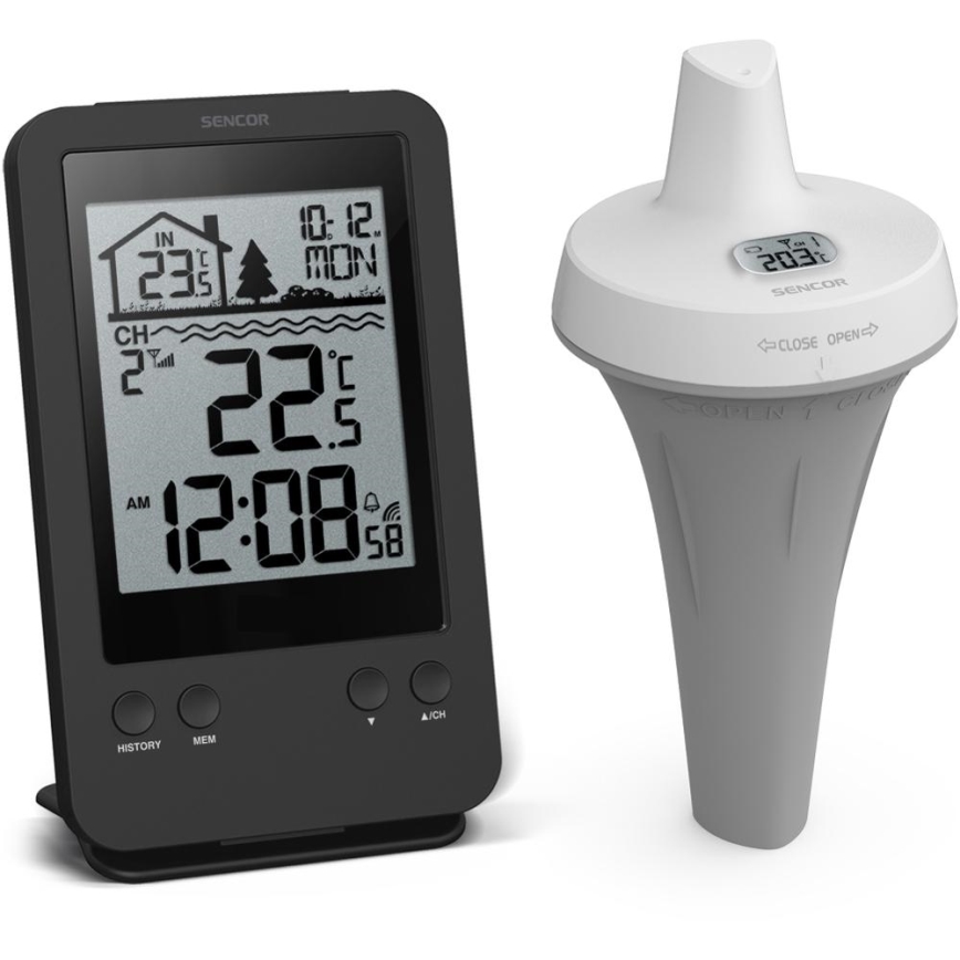 Sencor - Estación meteorológica con sensor flotante inalámbrico para piscina 2xAA + 2xAA IPX7