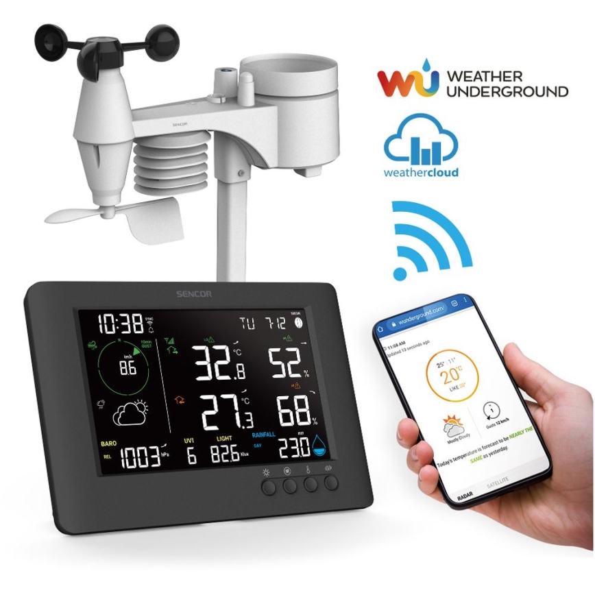 Sencor - Estación meteorológica profesional con pantalla LCD a color y alarma 5V/1xCR2032 + 3xAA Wi-Fi