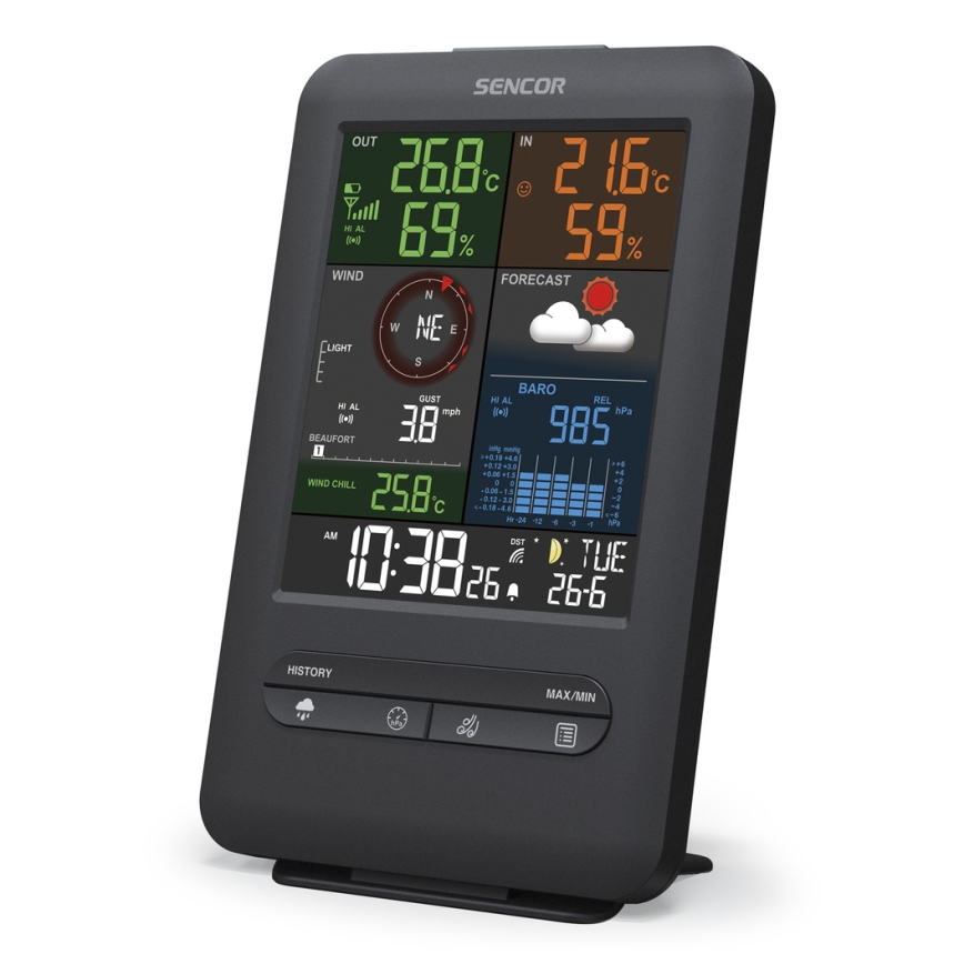 Sencor - Estación meteorológica profesional con pantalla LCD y despertador 1xCR2032 + 3xAA